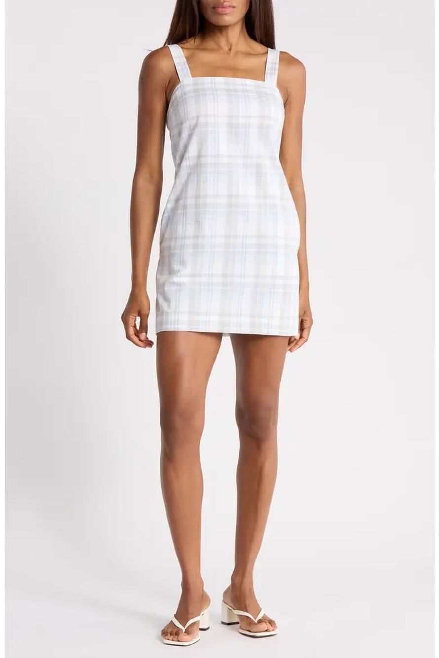 NWT Theory Plaid Cotton Linen Square Neck Mini Dress Size 2